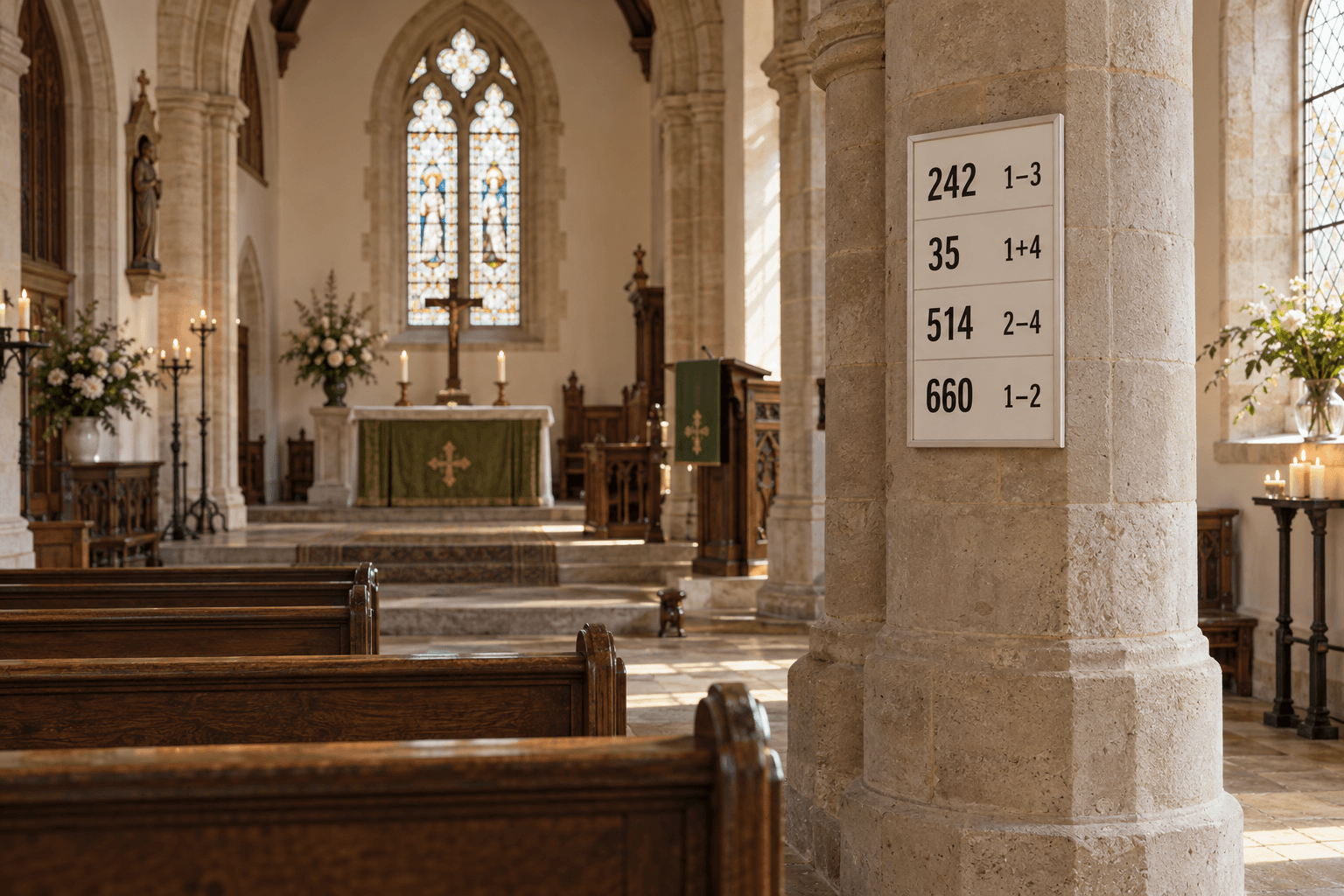 Visualisierung: schlanke eInk-Liedtafel im Hochformat an einer Steinsäule in einer historischen Kirche.