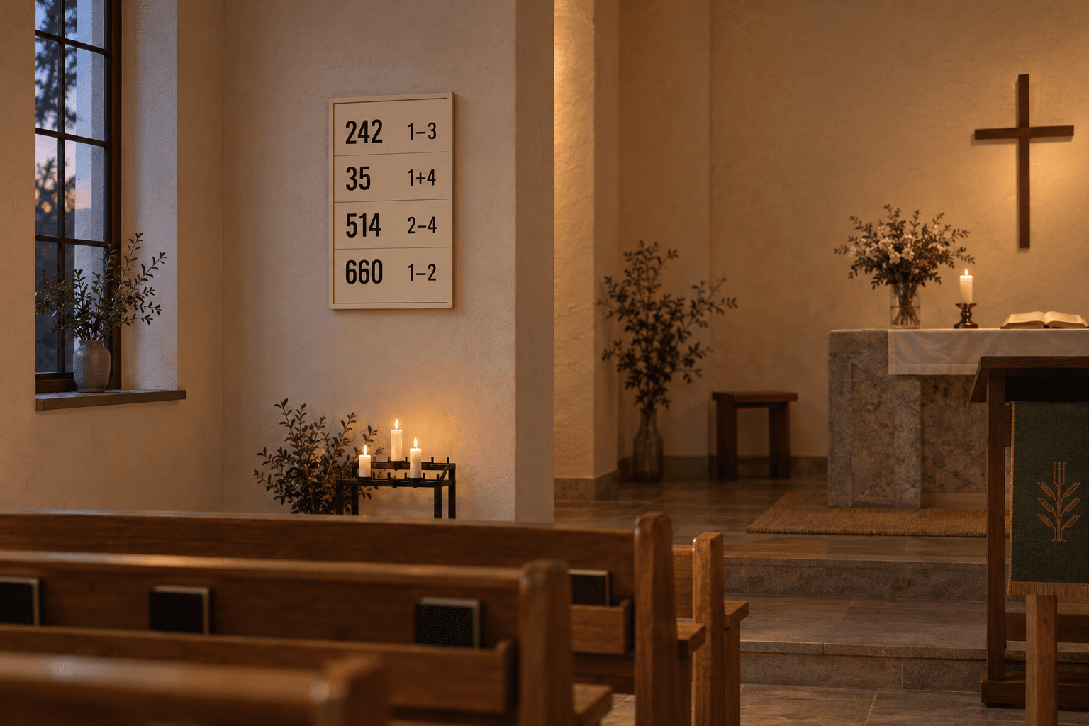 Visualisierung: eInk-Liedtafel im Hochformat in einer Kapelle bei warmem Abendlicht, ohne Eigenleuchten.