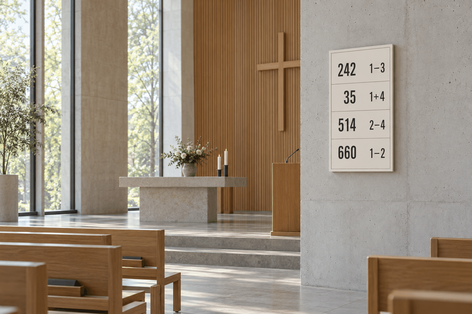 Visualisierung: eInk-Liedtafel im Hochformat in einer hellen modernen Kirche mit Holz und Sichtbeton.