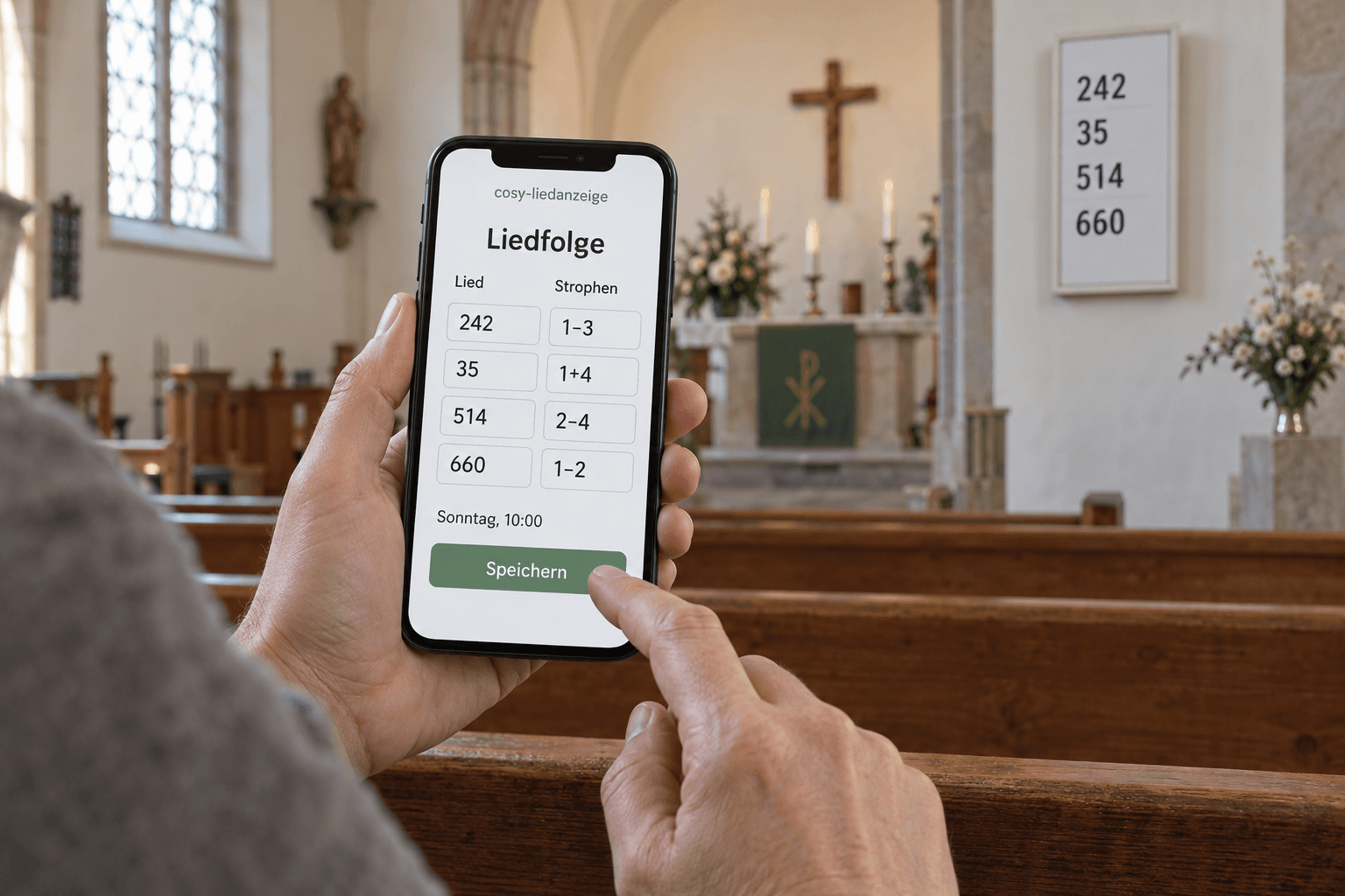 Visualisierung: Eine Person bereitet Liednummern, Strophen und einen Sonntagstermin auf dem Smartphone vor; im Hintergrund hängt die Liedtafel hochkant.
