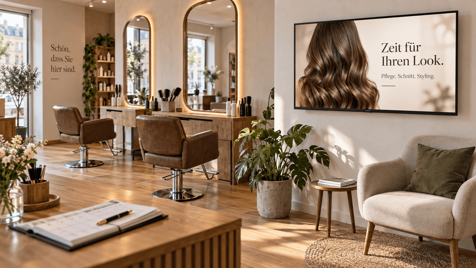 Visualisierung: Ein Bildschirm im Wartebereich eines Coiffeursalons zeigt eine Haarpflege-Kampagne.