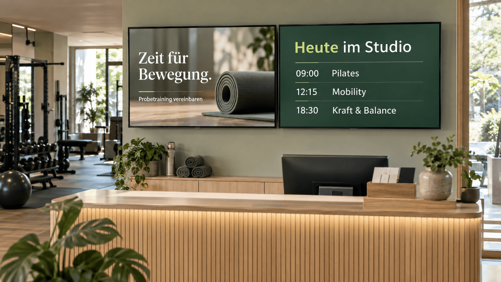 Visualisierung: Zwei Bildschirme am Fitnessstudio-Empfang zeigen ein Probetraining und den Kursplan.