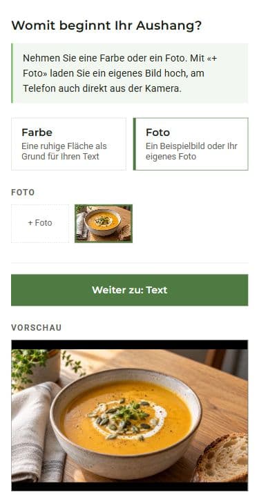 Originalansicht der cosy-connect-Demo: Fotoauswahl mit einem Kürbissuppenbild und Vorschau des Aushangs.