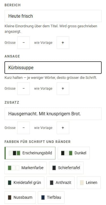Originalansicht der cosy-connect-Demo: Eingabefelder für Heute frisch, Kürbissuppe und einen Zusatz sowie die Farbauswahl.