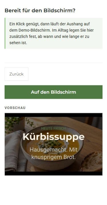 Originalansicht der cosy-connect-Demo: Schaltfläche Auf den Bildschirm und fertige Vorschau des Kürbissuppenangebots.