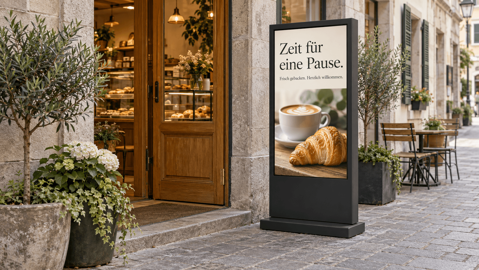 Visualisierung: Outdoor-Stele mit einem Kaffeeangebot vor einer Bäckerei.